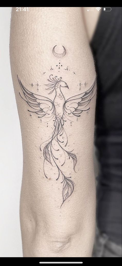 Fineline Pheonix Tattoo, Ethereal Phoenix Tattoo, Phoenix Tattoo Dainty, Pheonix Tattoo Delicate, Sun Moon Phoenix Tattoo, Power Of 3 Tattoo, Linework Phoenix Tattoo, Tattoo Pheonix Women, Phoenix And Moon Tattoo