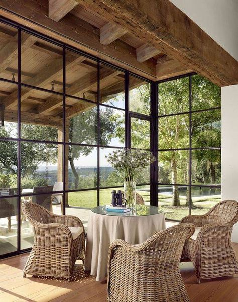 Beautiful Arkansas Interior Design, Houses With Verandas, Transitional Modern Farmhouse Exterior, Breakfast Sunroom, Windows Seating, Backyard Steps, House Sunroom, Window Walls, Ceiling Color