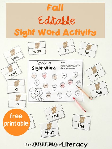 This Editable Fall Sight Word Activity is the perfect FREE Printable for kindergarten and 1st grade! #kindergarten #firstgrade #sightwords #literacy #freeprintable #fall Sight Words Kindergarten Printables, Fall Literacy Centers, Editable Sight Word Games, Fall Homeschool, Game For Kindergarten, Sight Word Songs, Fall Kindergarten Activities, Sight Word Activity, Sight Word Centers