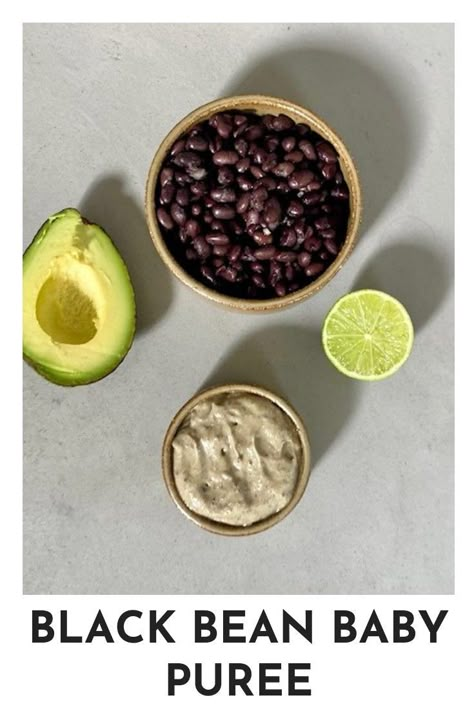 Make this Mexican-inspired black bean puree for your baby anytime you are cooking up or using black beans such as vegetarian black bean tacos for dinner or making a black bean salsa. The black bean baby puree is super nutritious and made with four ingredients only: black beans, avocado, nutritional yeast, and lime juice. Black Bean Blw, Blw Black Beans, Black Bean Puree Baby, Black Bean Baby Food Recipes, Black Beans For Baby, Bean Puree Baby, Avocado Baby Puree, Black Bean Puree, Beans For Babies