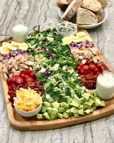 Cobb Salad Board by The BakerMama Cobb Salad Board Ideas, Soup And Salad Charcuterie, Charcuterie Salad Board, Salad Bar Board, Salad Charcuterie Boards, Salad Grazing Board, Salad Bar Charcuterie Board, Shakutary Board Ideas, Chicken Salad Charcuterie Board