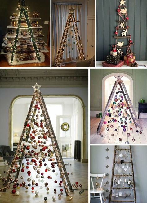 Turn an old ladder into a Christmas Tree! Christmas Ladders Ideas, Christmas Tree Ladder, Modern Christmas Diy, Ladder Christmas Tree, Old Ladder, Wall Christmas Tree, Christmas Decorations Cheap, Alternative Christmas, Large Christmas Baubles