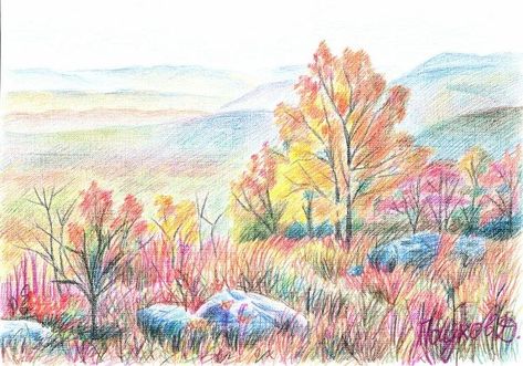 Crayola Art Drawing, Colour Pencil Art Landscapes, Magic Drawings, Pencil Colour Drawing, Drawing Mountains, Homework Ideas, Crayola Art, Colored Pencil Art Projects, Colour Drawing