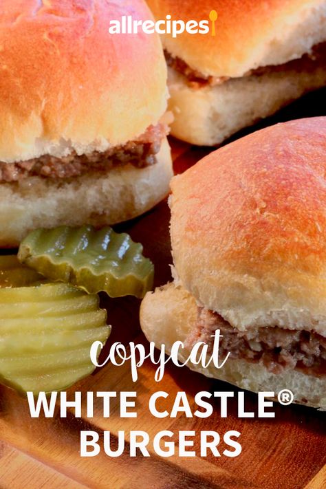 Almost White Castle® Hamburgers | "Quick, easy, and delicious! They taste just like White Castle sliders (if not better)." #copycat #copycatrecipes Game Appetizers, Hawaiian Bread Rolls, White Castle Hamburgers, White Castle Burgers, Hamburger Sliders, Dill Pickle Slices, White Castle, Hamburger Patties, Slider Recipes