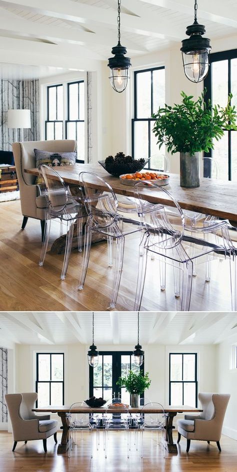 Ghost Chair Dining Room, Modern Farmhouse Dining Room Decor, Trendy Dining Room, Farmhouse Dining Rooms Decor, Modern Farmhouse Dining Room, Dining Table Lighting, Modern Farmhouse Dining, Ghost Chairs, Farmhouse Industrial