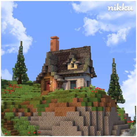 Hillside Cottage 🌲���🏠 - 🔦Shaders: Complimentary 🔧Built on: play.bakery.builders - #minecraft #minecraftdesign #minecraftart #minecrafthouse #bedrock #minecraftgaming #minecrafthome #minecraftjava #minecraftbuilds #ghibliartworks Stone Cottage Minecraft, Medieval Cottage Minecraft, Minecraft Hillside House, Minecraft Village Builds, Minecraft Oasis, Minecraft Bakery, Minecraft Medieval Village, Hillside Cottage, Play Bakery