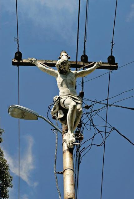 *****             setting symbol of power lines/telephone pole (community), made relevant as "cross", crucifixion idea God Bible, Faith Scripture, Power Lines, Sponge Bob, Sculpture Installation, Street Art Graffiti, Land Art, Public Art, Banksy