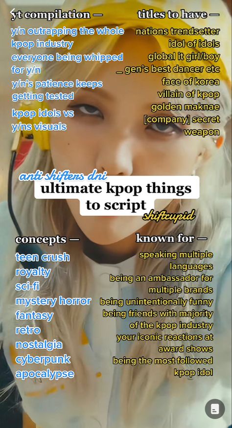 Concert Name Ideas, Kpop Concept Ideas Shifting, Kpop Hand Signs Ideas Shifting, Ff Ideas, Representative Animals Kpop Dr, Kq Entertainment Building, Trends To Start In Your Kpop Dr, Fanmade Kpop Group, Song Title Ideas