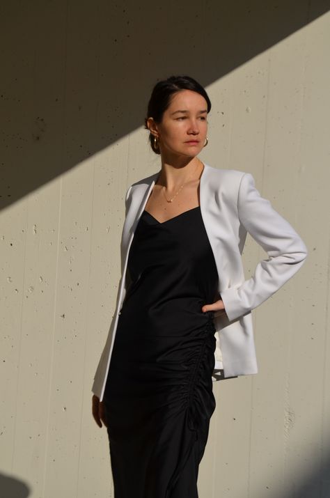 @girlisart in white blazer and black dress Black Satin Dress White Blazer, Black Dress White Blazer, Blazer And Black Dress, Black One Piece Dress, White Slip Dress, Maxi Dress Outfit, Black Slip Dress, Crop Blazer, Black One Piece