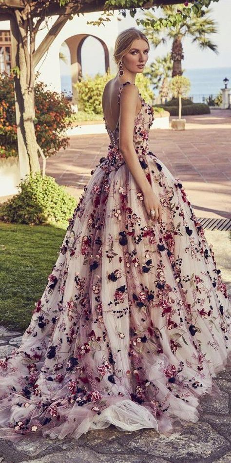 Floral Wedding Dresses For Magic Party ★ #bridalgown #weddingdress Floral Wedding Dresses, Colored Wedding Gowns, Stylish Gown, Dress With Flowers, Wedding Dresses With Flowers, Floral Wedding Dress, Traditional Bride, Wedding Forward, Colored Wedding Dresses