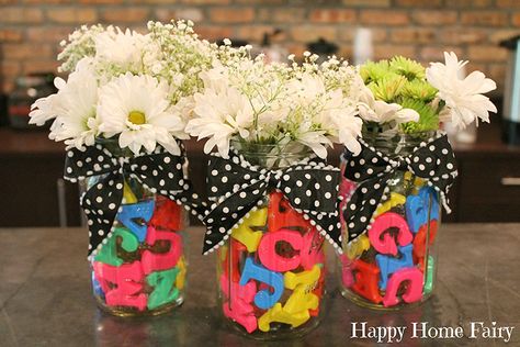 Appreciation Luncheon Ideas, Teacher Appreciation Luncheon Ideas, Teacher Graduation Party Ideas, Teacher Appreciation Centerpieces, School Centerpieces, Teacher Graduation Party, Teacher Appreciation Luncheon, Teacher Retirement Parties, Teacher Appreciation Diy