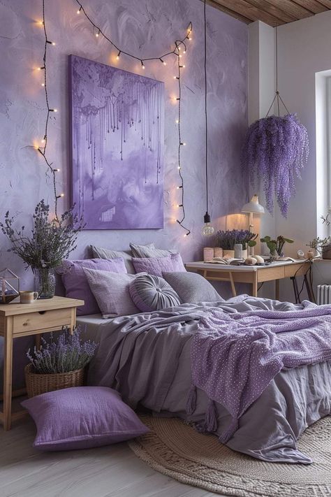 Boho Purple Bedroom, Creative Workshop Ideas, Lavender Boho Bedroom, Lavender Room Aesthetic, Purple Aesthetic Room, Tangled Bedroom, Lavender Room Decor, Purple And Gray Bedroom Ideas, Purple Palace