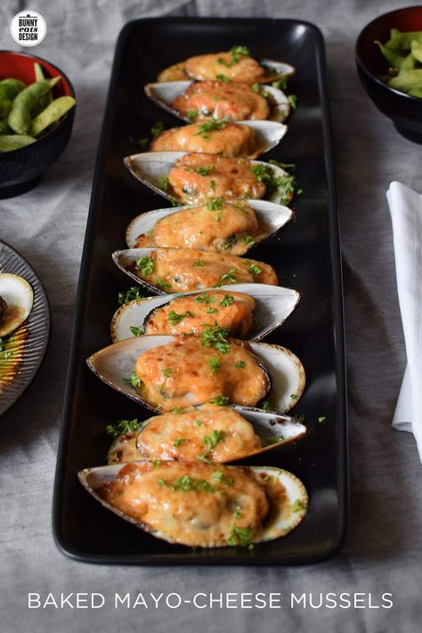 Baked Mussels Recipe Spicy Mayo, Baked Mussels Recipe Mayo, Baked Mussels Recipe, Yakitori Restaurant, Mussel Recipes, Baked Mussels, Makanan Cepat Saji, Mussels Recipe, Creamy Cheese