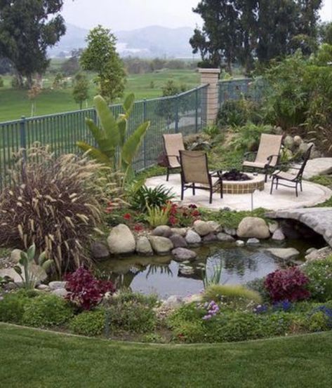 Pond Backyard, Backyard Firepit Area, Small Backyard Ponds, Pond Garden, Backyard Layout, Garden Pond Design, Small Pond, Backyard Canopy, Garden Canopy