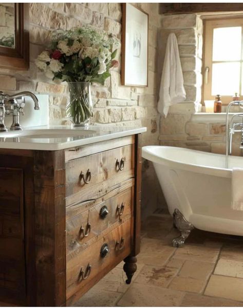 Country Farm Bathroom, Bathroom Remodel French Country, French Country Tiny House, Old English Bathroom, European Cottage Bathroom, French Bathroom Decor Vintage, Antique Style Bathroom, Chateau Bathroom, French Country Bathrooms