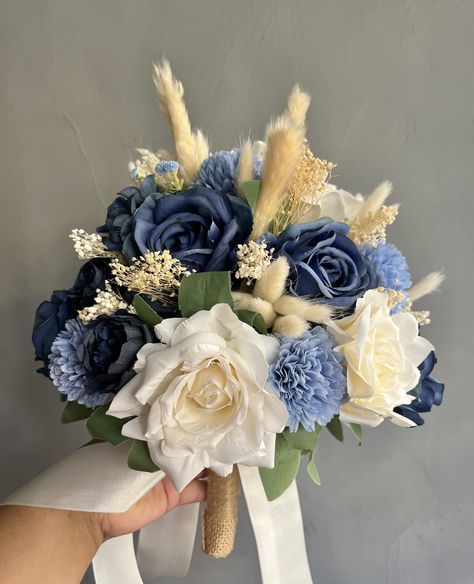 Navy Blue Gold And White Wedding Bridesmaid Bouquets, Blue And Yellow Wedding Theme, Country Wedding Bouquets, Gold Wedding Bouquets, Wedding Bridesmaid Bouquets, Prom Bouquet, Yellow Wedding Theme, Blue Gold Wedding, Gold Bouquet