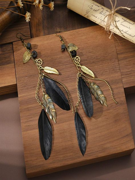 Vintage Long Wooden Beaded Feather Earrings, Bohemian Style Western Style Ear Accessory For WomenI discovered amazing products on SHEIN.com, come check them out! Gold Feather Earrings, Woman In Gold, Boho Feathers, Beaded Tassel Earrings, Long Tassel Earrings, Tassel Drop Earrings, Earrings Bohemian, Colorful Feathers, Styl Boho