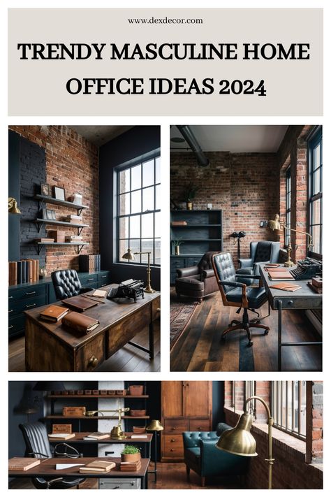 Trendy masculine home office ideas for 2024 with industrial decor, leather furniture, and exposed brick walls. Industrial Style Interior Design Office, Blue Masculine Office, Mens Home Office Inspiration, Guy Office Ideas, Vintage Office Ideas For Men, Industrial Office Decor Ideas, Finance Office Interior Design, Mans Office At Home, Masculine Office Design