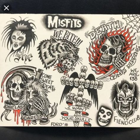 Punk American Traditional, Old School Punk Tattoo, Traditional Punk Tattoo, Tradional Tattoo Ideas, Pop Punk Traditional Tattoo, American Traditional Zombie Tattoo, Misfits Tattoo Flash, American Traditional Misfits Tattoo, Misfits Skull Tattoo