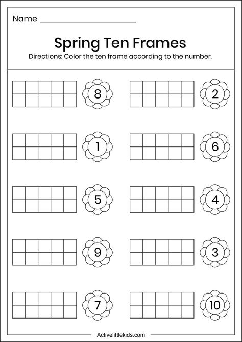 Ten Frame Worksheet, March Worksheets, Spring Kindergarten Activities, Spring Math Worksheets, Spring Worksheets, Ten Frames Kindergarten, Eyfs Maths, Math Division Worksheets, Ten Frame Activities