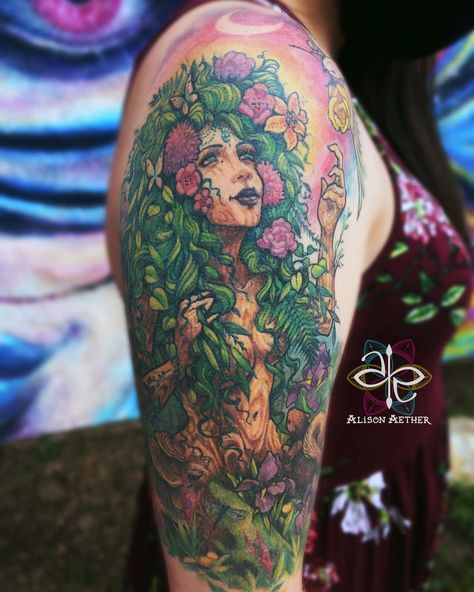 Mother Gia Tattoos, Anita Blake Tattoo, Gaia Goddess Tattoo Mother Earth, Black Mother Nature Tattoo, Mother Nature Sleeve Tattoo, Mother Nature Tattoos Black Women, Mother Gaia Tattoo, Mother Nature Tattoos For Women, Mother Earth Tattoo Divine Feminine