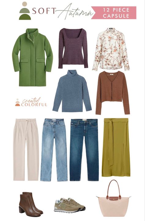 Capsule Color Palette, Soft Autumn Capsule, Soft Autumn Makeup, Created Colorful, Autumn Color Palette Fashion, Soft Autumn Palette, Soft Autumn Color Palette, Capsule Wardrobe Essentials, Plus Size Fall Outfit