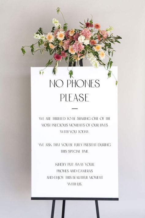 Keep your ceremony distraction-free with our no cell phone wedding sign. Customize your sign by choosing your sizing and colors to match your wedding theme. Use this simple, elegant unplugged wedding sign to tell guests that you won't be using any technology during the ceremony, or hang them around the venue so guests know where the designated device-free zones are! No Phone Sign Wedding, Wedding Sign No Phones, No Phone Wedding Ceremony, No Phones Wedding Sign, Phone Free Wedding, No Phone Wedding Signs, Wedding No Phone Sign, Tech Free Wedding Signs, No Phone Wedding