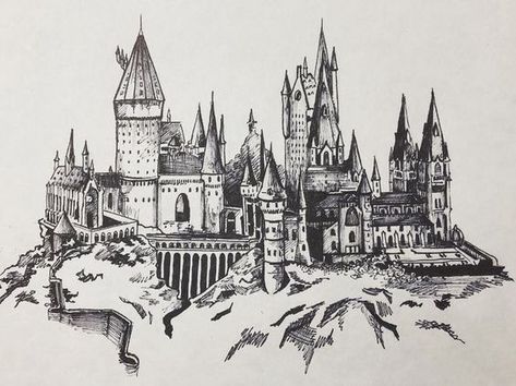 Hogwarts Castle Drawing, Hogwarts Print, Harry Potter Sketch, Harry Potter Castle, Anime Sasuke, Castle Tattoo, Harry Potter Art Drawings, Harry Potter Painting, Castle Drawing