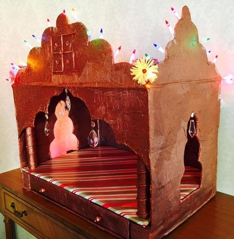 Cardboard box temple made by Deepika Jain. Saved from fevicryl hobby ideas. Diy Mandir Ideas Cardboard, Pooja Area, Diwali Painting, Indian Room, Indian Room Decor, Box Crafts, Cardboard Box Crafts, Pooja Mandir, Hobby Ideas