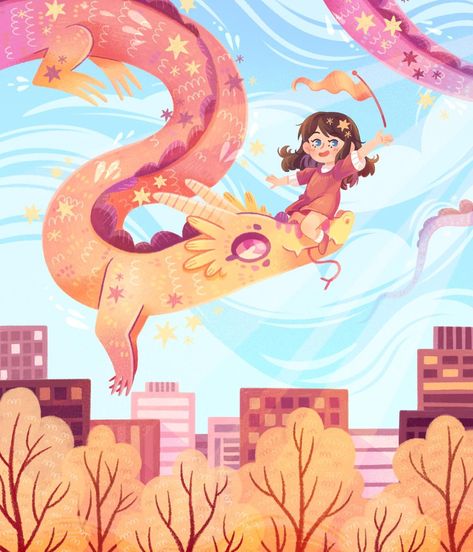 Dragon Ride! ✨Here’s an illustration from a while ago when I was doing a lot of portfolio stuff, I’m pretty happy with how this one turned… | Instagram Magical Book Illustration, Dragon Year Illustration, Cny Illustration, Cute Dragon Illustration, Dragon Soup, Illustration Step By Step, Book Imagination, Riding Dragon, Riding A Dragon