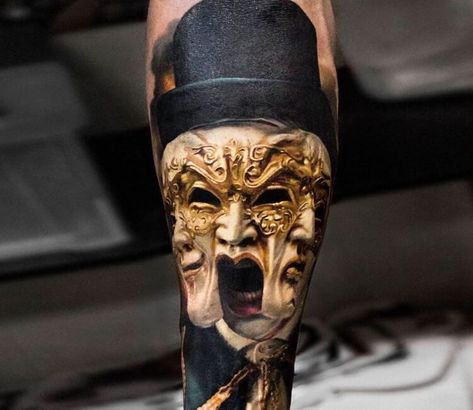 Tattoo photo - Three face mask tattoo by Andrey Stepanov Three Faces Tattoo, Faces Tattoo Design, Faces Tattoo, Faded Tattoo, Three Faces, Panda Tattoo, Shiva Tattoo Design, Wicked Tattoos, Poppies Tattoo