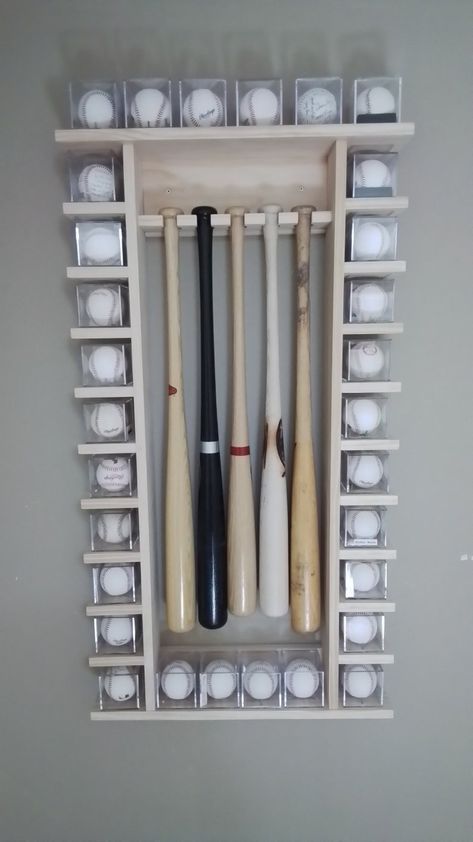 5bat Vertical Wood Baseball Bat Display Rack W/ Multiple Shelves - Etsy Sports Memorabilia Room, Baseball Man Cave, Baseball Bat Display, Bat Display, Trophy Display, Baseball Room, Baseball Training, Baseball Pictures, Sports Room