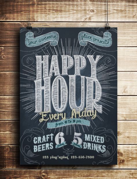 Happy Hour Chalkboard Indie Flyer on Behance Happy Hour Chalkboard, Bar Chalkboard Ideas, Chalkboard Typography, Blackboard Art, Bar Stuff, Chalk Sign, Chalkboard Lettering, Chalk Lettering, Chalkboard Designs