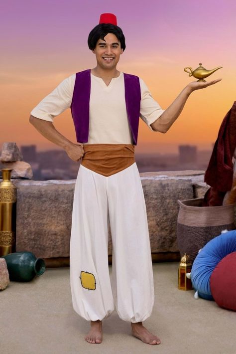 Aladdin costume features a pullover gauze shirt with a placket at the front, and turned-up cuffs on short sleeves. The vest has a faux suede outer shell and satin lining. Gauze pants have a faux suede waistband and a zipper in the right side seam. Elastic in pants cuffs, patch sewn to lower right pants leg. #aladdin_costumes #halloween_costume Jasmine And Aladdin Costume, Rat Costume, Aladdin Costume, Fun Costumes, Costume Disney, Gauze Pants, Diamond In The Rough, Gauze Shirt, Couples Diy