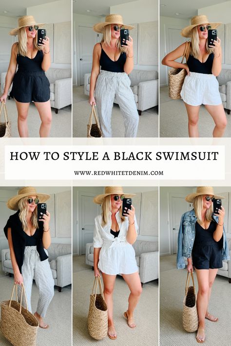 HOW TO STYLE A CLASSIC BLACK ONE PIECE SWIMSUIT - Red White & Denim Black One Piece Bathing Suit Outfit, Black Bathing Suit Outfit, Red Swimsuit Outfit, Basic Swimsuit, Black Swimsuit Outfit, One Piece Swimsuit Outfit, Body And Style, Casual Beach Outfit, Black One Piece Bathing Suit