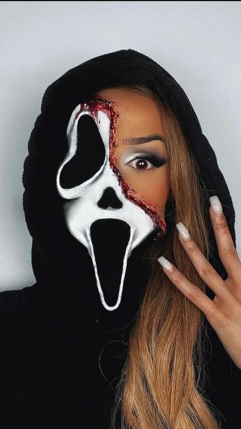 Halloween Makeup Ideas Creative Scary, Ripped Mouth Sfx Makeup, Half Glam Half Scary Makeup, Cereal Killer Makeup, Scary Movie Makeup Ideas, Halloween Makeup Prosthetics, Ghost Face Makeup Look, Half Scary Half Pretty Makeup, Scream Mask Makeup