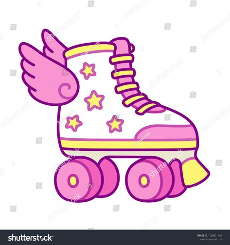 Cute pink girly roller skates with stars and wings. Retro quad rollers cartoon vector illustration. #Ad , #sponsored, #roller#skates#stars#Cute Roller Skate Cartoon, Rollerskate Drawing, Lunchbox Notes, Animals Illustration, Roller Disco, App Design Inspiration, Cute Stars, Roller Skate, Roller Skates