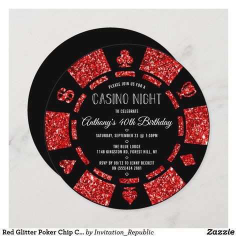 Red Glitter Poker Chip Casino Night Party Invitation Vegas Prom, Night Party Invitation, Casino Night Invitations, Casino Birthday Party, Events Theme, Vegas Theme Party, Burgundy Party, Casino Theme Party, Bachelor Party Invitations