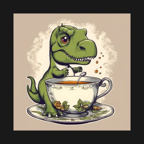 Tea Rex Drawing, Tea Rex Tattoo, T Rex Drawing, Anime Graphics, Tea Rex, Cow Drawing, Dinosaur Tattoos, Bone Tattoos, Sipping Tea