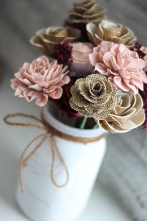 Cameo and Burlap Wooden Flower Arrangement #flowers #weddings #isaidyes #love #weddingflowers #flowerideas #wedding #weddingbouquets #pineandpetalweddings #bridalbouquet Flower Decoration Ideas, Homemade Flowers, Flower Displays, Women's Retreat, Wooden Roses, Retreat Ideas, Flower Cakes, Jar Centerpieces, Fall Farmhouse