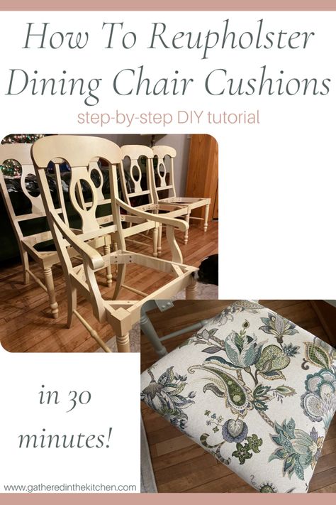 How To Cover Chair Cushions, Dining Chair Cushion Covers, Redo Chair Cushions, Add A Cushion To A Wood Chair, How To Change Fabric On Dining Chairs, How To Reapolstering Kitchen Chairs Diy, Add Cushions To Wooden Chairs, Chair Cushions Diy How To Make, Diy Reapolstering Chairs Dining Rooms