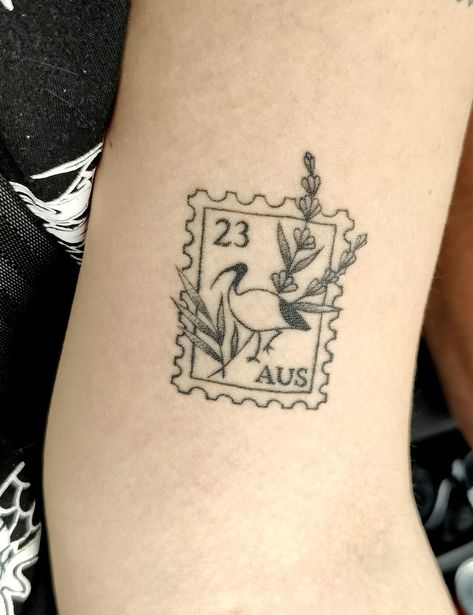 A small tattoo of an Australian stamp with a bin chicken (white ibis) in it Post Stamp Tattoo, Postage Stamp Tattoo, Tattoo Triangle, Australia Tattoo, Chicken Tattoo, Icon Tattoo, Australian Tattoo, Stamp Tattoo, Australian Icons