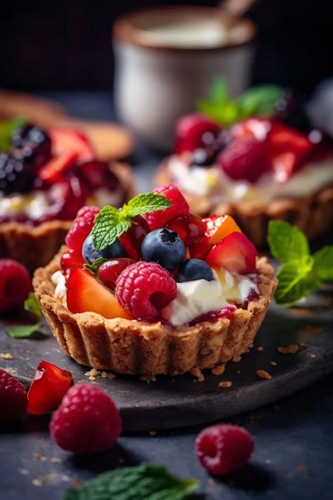 Fruit tarts Fruit Tart Plating, Fruit Tart Aesthetic, Fruit Tart Photography, Tart Shells Filling, Apricot Glaze, Food References, Pictures Of Food, Fruit Tarts, Medical Herbs