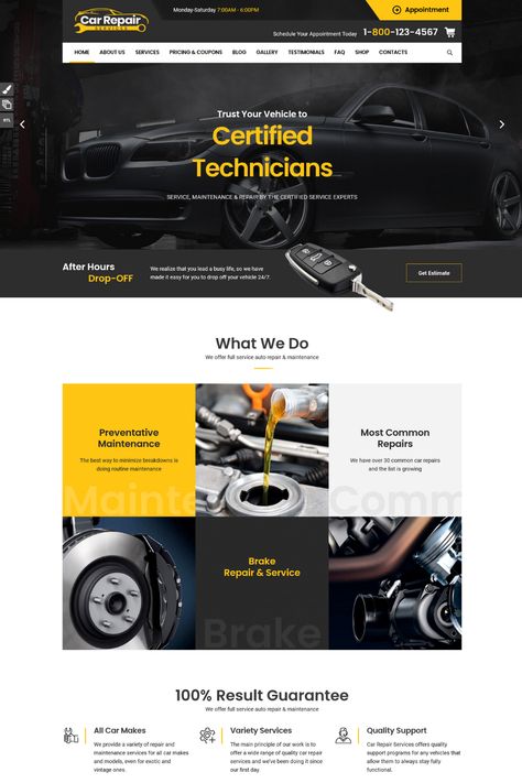 This Car Repair Services & Auto Mechanic WordPress Theme + RTL is a comprehensive and responsive theme specifically designed for car repair services and auto mechanic businesses. It includes a range of features that make it easy to create and manage your website, including customizable templates for services, team members, and pricing. Auto Repair Website Design, Car Service Website, Car Repair Shop Design, Mechanic Website, Automotive Branding, Car Wash Prices, Auto Service Center, Consulting Website, Design Cars