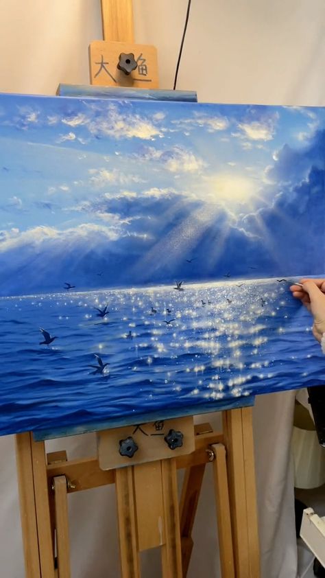 Sea clouds doves sunshine Painting Board, Sky Art Painting, Sun Shining, Sea Painting, Cloud Painting, Ocean Painting, White Clouds, Painting Process, Ocean Art