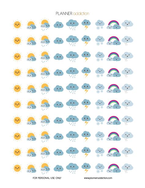 Weather Stickers Printable, Stickers For Planner Printable, Everyday Planner Stickers, Planner Stickers Printable Free, Free Printable Planner Stickers Kawaii, Weather Planner, Kawaii Weather, Weather Stickers, Wash Tape