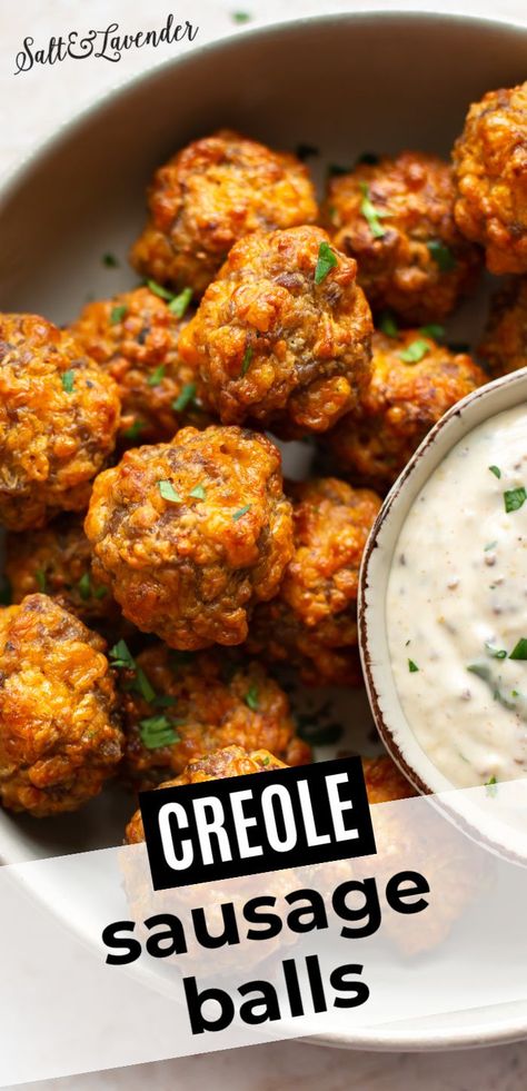 Creole Appetizers New Orleans, Cajun Sausage Appetizers, New Orleans Tailgate Food, Cajun Hors D'oeuvres, Catfish Balls Recipe, Cajun Sausage Balls, New Orleans Finger Food, Creole Sausage Balls, Boudin Sausage Recipe Meals