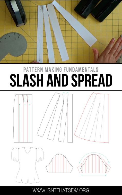 Learn how easy it is to turn a basic pencil skirt into an A Line skirt using the slash and spread method! | isntthatsew.org Drafting Sewing Patterns, A Line Skirt Pattern, Sewing Gadgets, Skirt Pattern Free, Course Ideas, Tips Sewing, Sewing Courses, Skirt Patterns, Basic Sewing