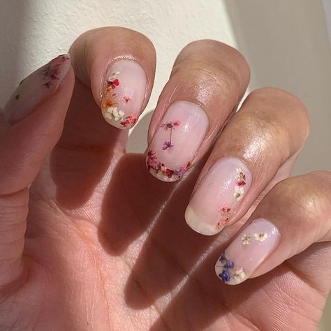 Nail Art Dried Flowers, Floral Press On Nails, Dried Floral Nails, Short Almond Flower Nails, Dried Flower Manicure, Pressed Flower Nail Art, Dried Flower Nail Designs, Dainty Floral Nails, Dried Flowers Nail Art