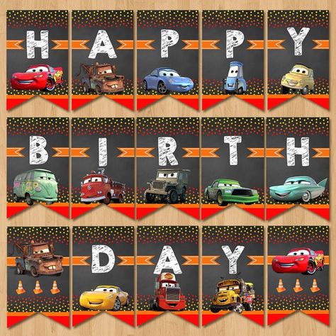 Disney Cars Happy Birthday Banner Chalkboard Red Lightning | Etsy Cars Happy Birthday Banner, Cars Birthday Banner, Lightning Mcqueen Birthday Party, Mcqueen Birthday Party, Lightning Mcqueen Birthday, Lightning Mcqueen Party, Mcqueen Birthday, Cars Decorations, Happy Birthday Banner Printable